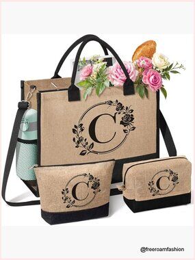 Monogrammed Jute Tote Bag with Cosmetic Bags, Adjustable Strap, 16.9x12.9x5.9